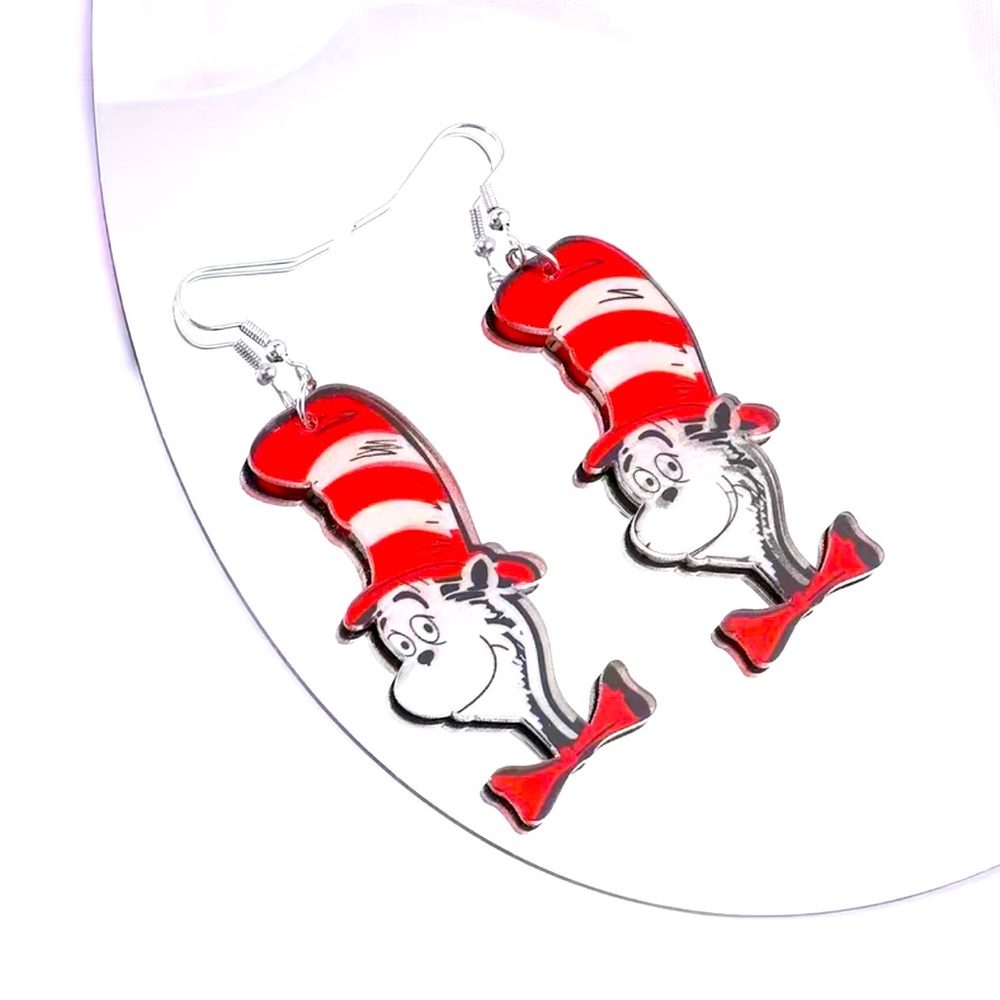 The cat in the hat acrylic clear/red/black dangle‎ earrings